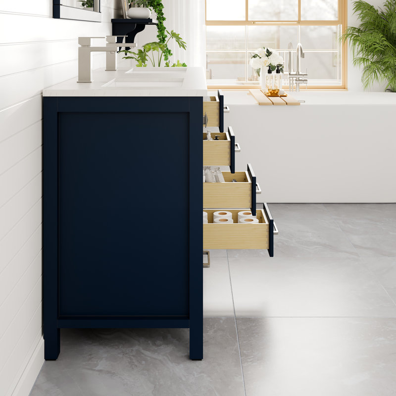 Eviva London 48"W X 18"D Double Sink Bathroom Vanity With White Carrara Quartz Countertop, Blue
