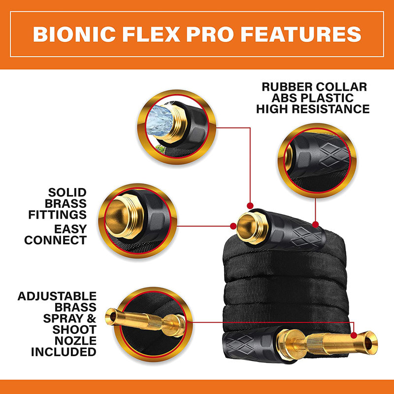Bionic Flex Pro 25ft Black Polyester Garden Hose with Brass Nozzle