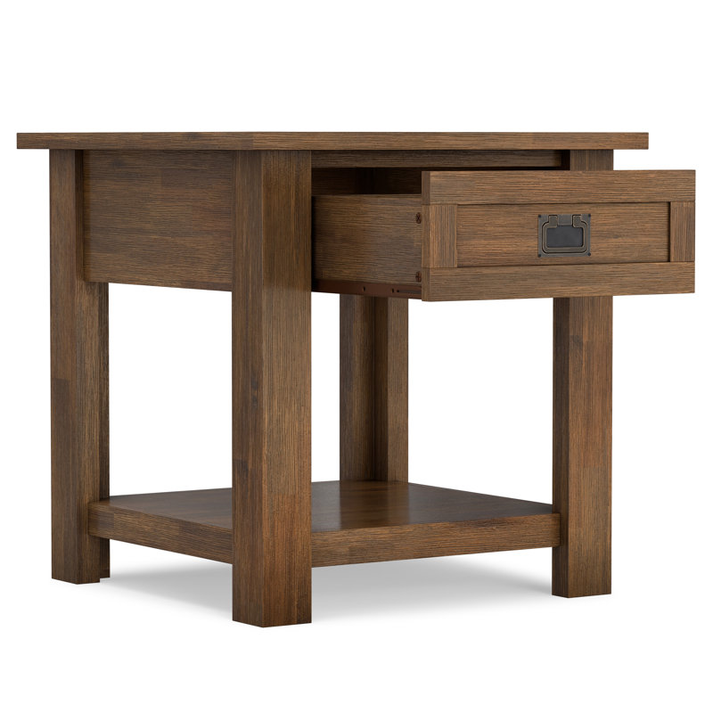 Monroe 22"W Solid Acacia Wood Square End Table with Drawer, Natural Aged Brown