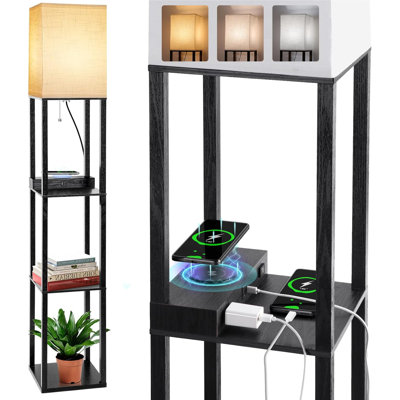 Floor Lamp With Shelves, Wireless Charger, USB A+C Ports, 2 AC Outlets, 3 Color Temperature LED Bulb For Living Room, Bedroom, Office