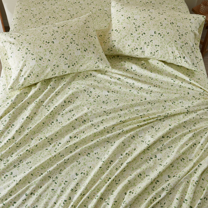 Ensemble de draps 100% coton, Ensemble de draps pour grand lit + un drap-housse, Motif floral, vert