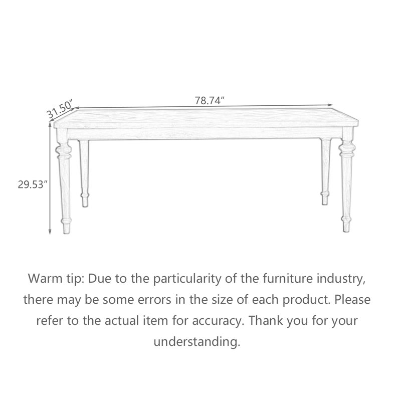 Table de salle à manger rectangulaire en bois massif brun, H 29,53 po x L 78,74 po x P 31,50 po