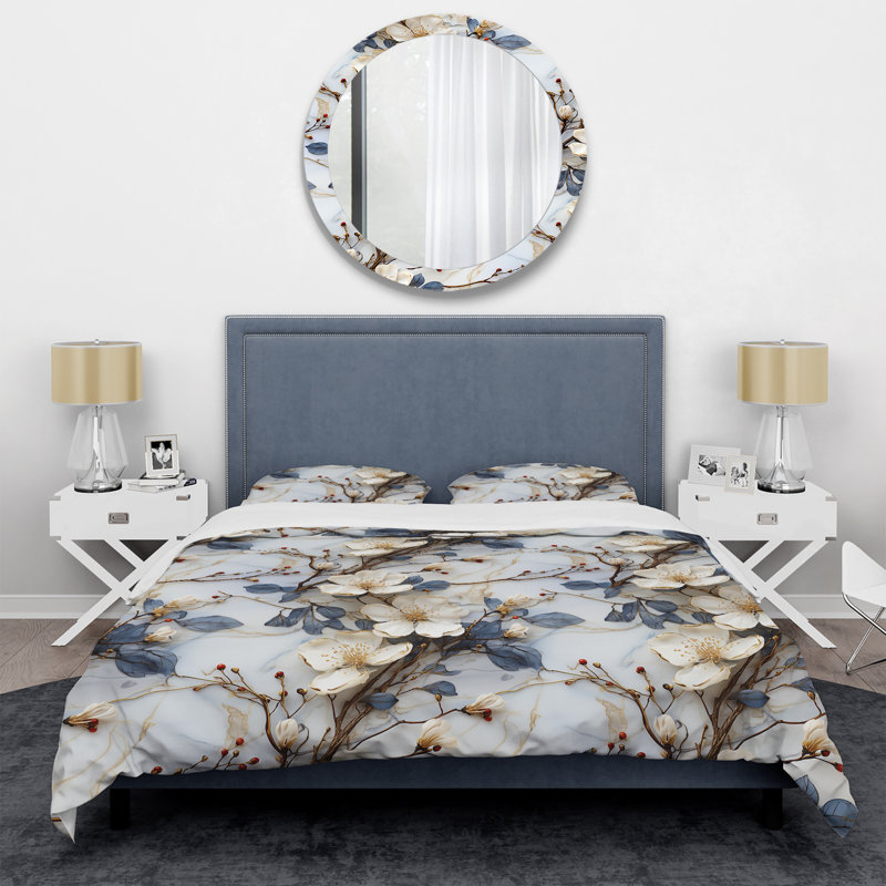 Ensemble de housse de couette à motif marbré blanc et bleu Magnolias, Housse de couette pour grand lit et 2 taies décor