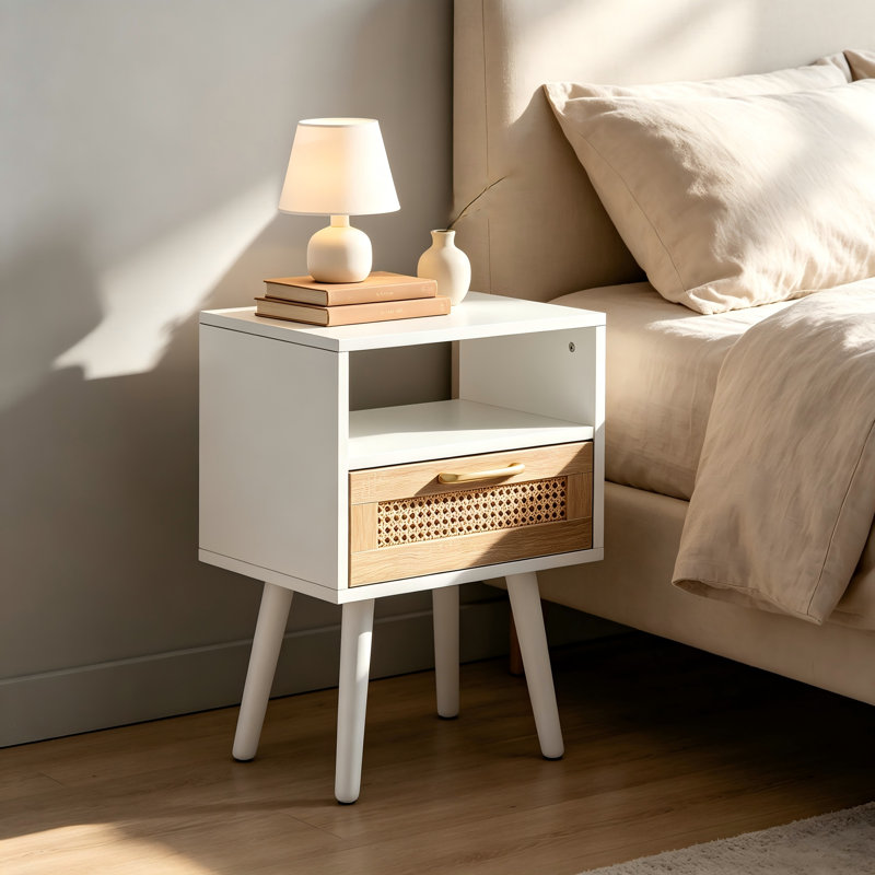 Table de chevet en rotin avec tiroir et pieds en bois massif, table d'appoint moderne, blanche, Blanc