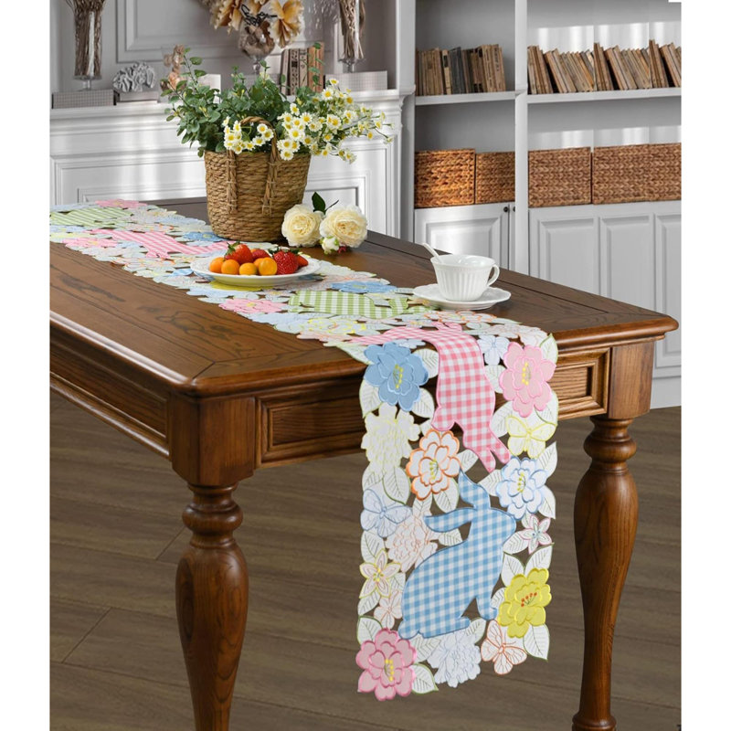 Chemin de table de Pâques long, chemin de table lapin brodé à motif écossais