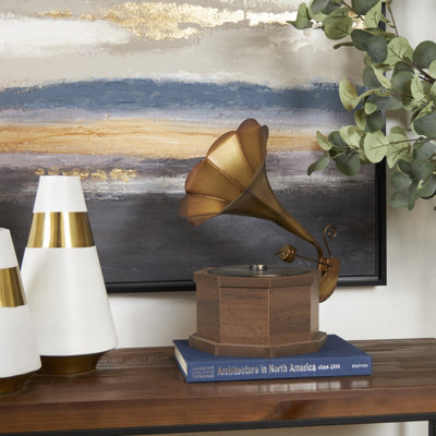 Gramophone en cuivre Frants Wooden Antique Music avec base en bois brun