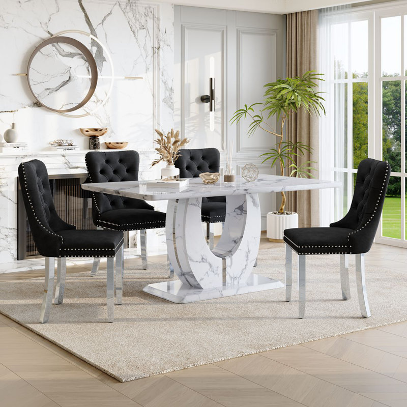 63" Dining Table Set with 4 Luxury Faux Leather Dining Chairs, White/Gray, Black, 5 Pieces: Table, 4 Chairs