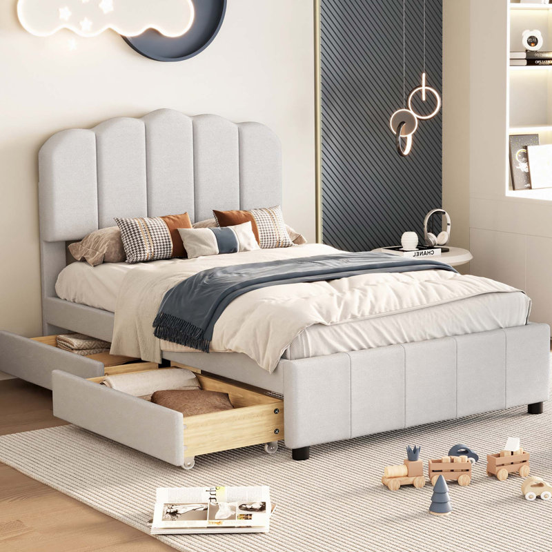 Lit tapissier avec tiroirs Saiquan, Simple, Beige