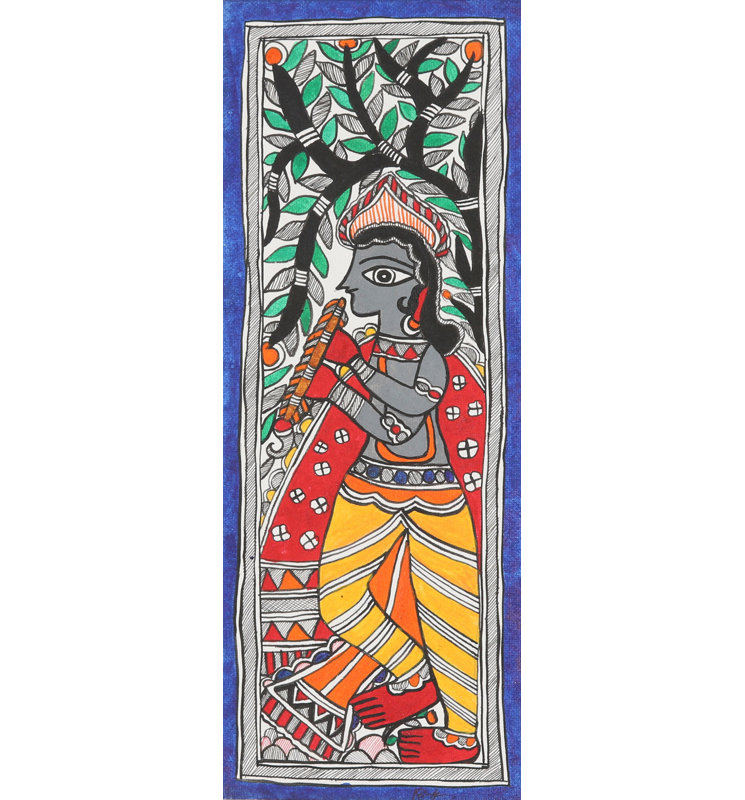 Bungalow Rose fait à la main, peinture majestueuse de Krishna Madhubani