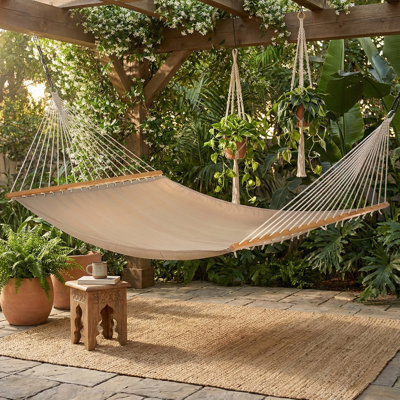 Fargo Hammock in Khaki - Solid Recycled Polyester - Quick Dry, Suitable for Indoor & Outdoor Use, Supports 2 Persons up to 460 lbs - Perfect for Backyard, Garden, Beach, Balcony, Patio & Poolside, 12-14 ft Adjustable