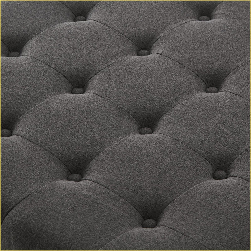 Repose-pieds, grand rangement carré avec capitonnage à boutons, pieds en bois massif - Gris foncé pour le salon / chambre à coucher | Bois | Noir