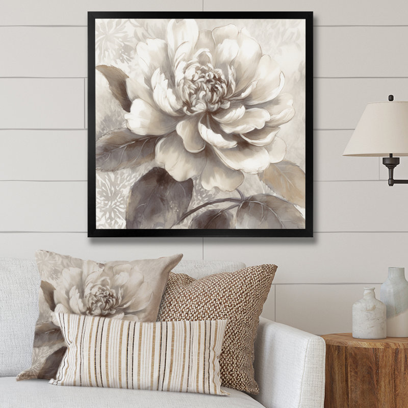 Grey Peonies on Branch II - Print, Black Picture Framed, 36" H x 36" W