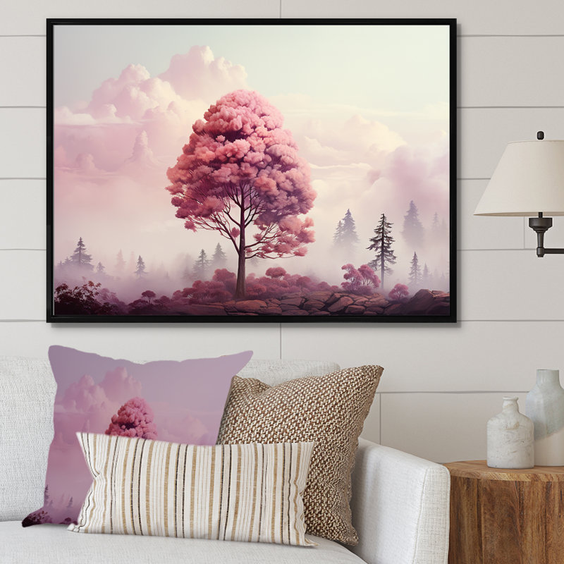 «Mystic Pink Trees In Amethyst Landscape V», reproduction sur toile, Cadre flottant noir, H 12 po x l 20 po