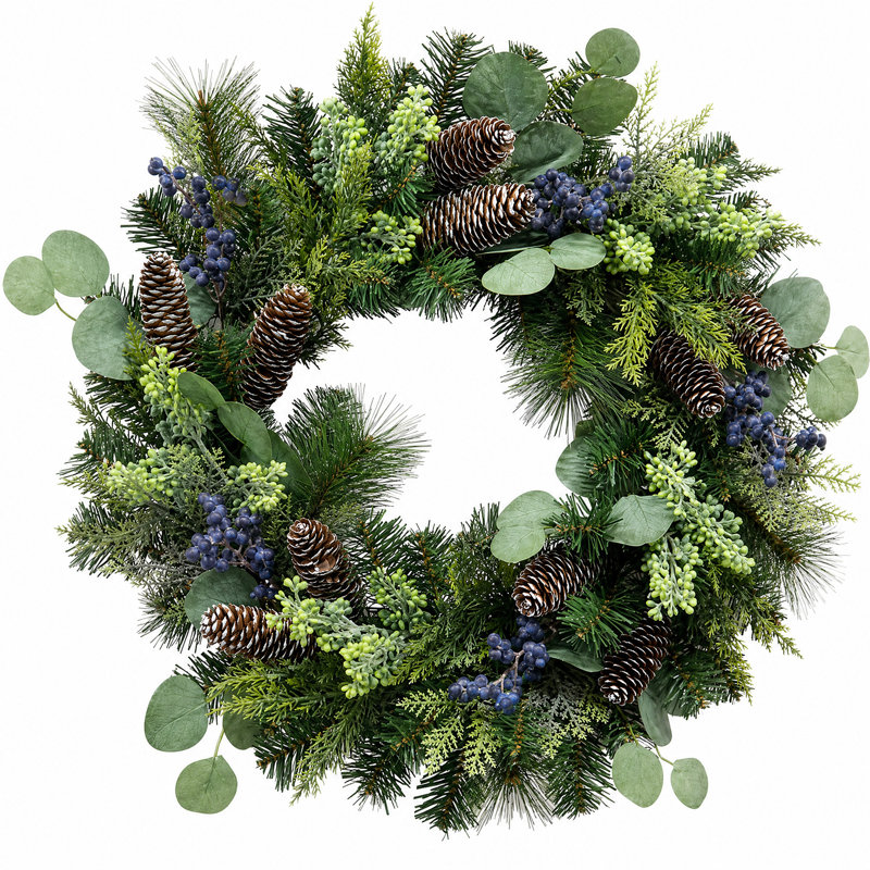 Couronne de Noël pré-illuminée de 61 cm (24 po) avec 20 lumières DEL, pommes de pin, baies bleues et eucalyptus