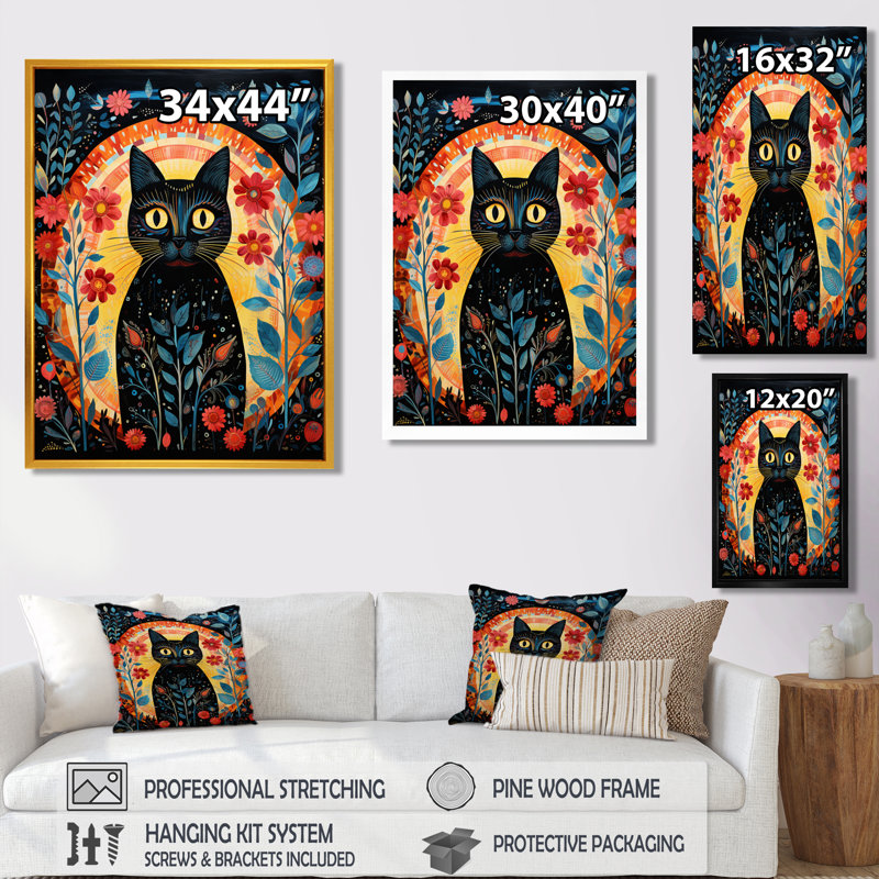 «Black Boho Flower Cat - Cat», reproduction d'art murale, H 32 po x l 16 po x P 1 po, Toile avec cadre noir