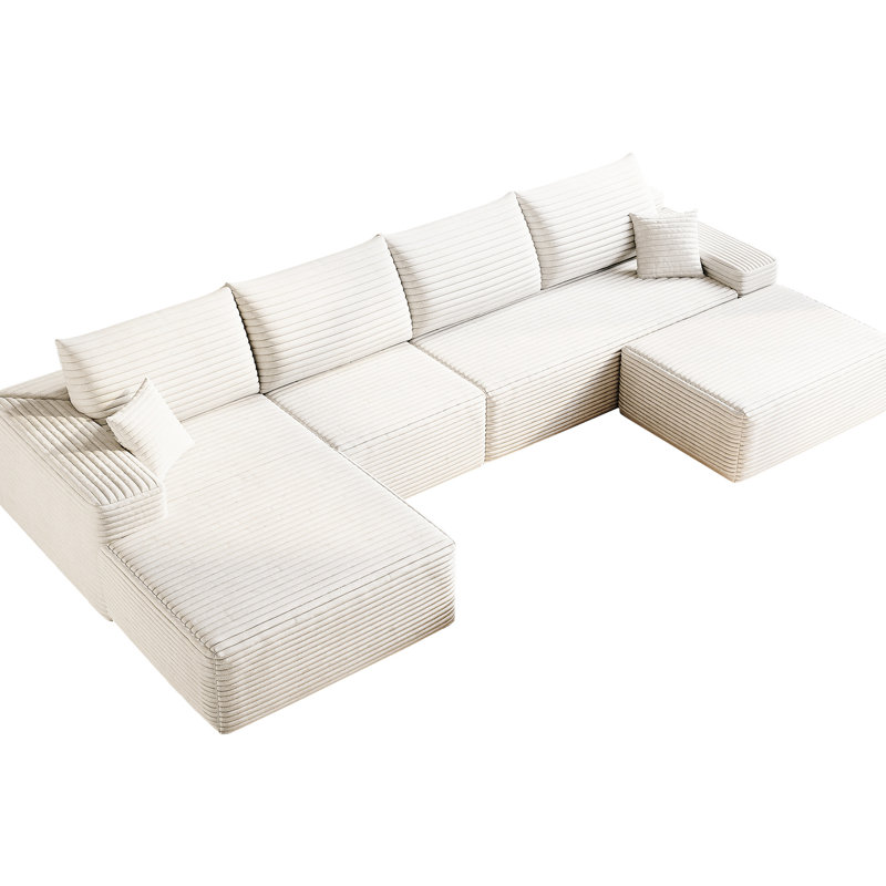 Canapé modulaire en forme de U de 135 po en velours côtelé blanc à 5 places, confortable et sans assemblage, pour véranda de salle d'étude