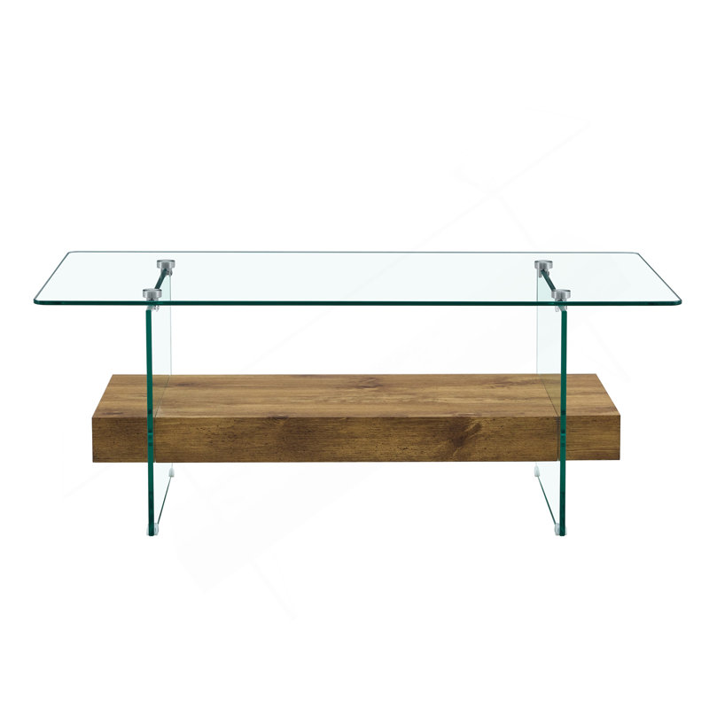 Table basse flottante Ectangular, pieds en verre de couleur bois, pieds en verre naturel, Bois naturel