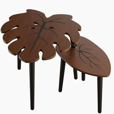 Leaf Nesting Tables Set Of 2, Small Coffee Table Set With Leaf Vein Pattern, Modern Wooden Side Tables