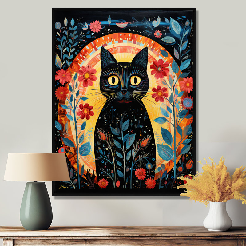 «Black Boho Flower Cat - Cat», reproduction d'art murale, H 32 po x l 16 po x P 1 po, Toile avec cadre noir