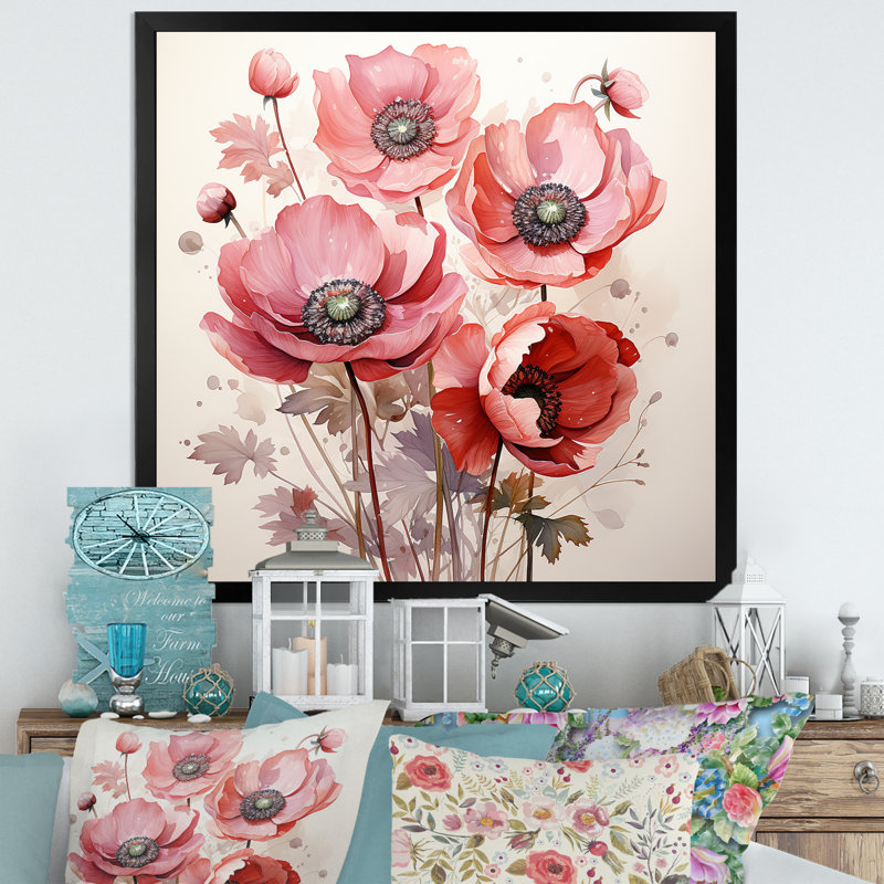 Corail coquelicot - art mural coquelicots, Cadre photo noir, H 36 po x l 36 po x P 1,5 po