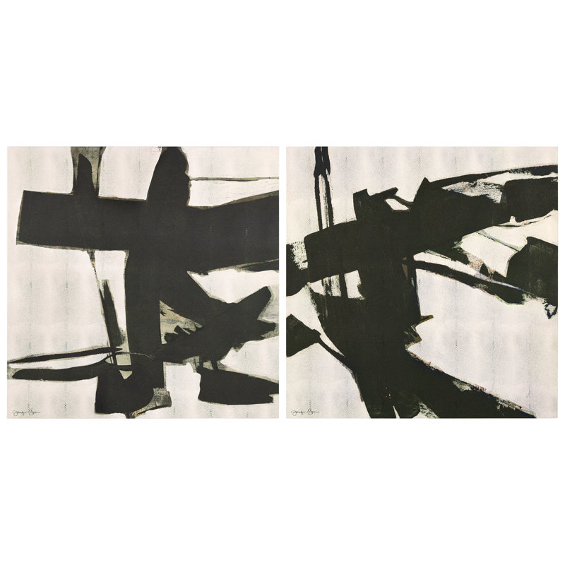 «Bold Abstraction I & II», ensemble d'art mural abstrait noir et blanc sur toile chagrine dorée