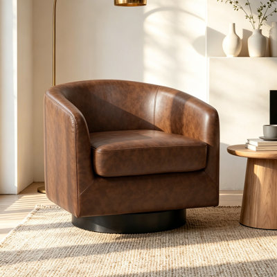 Fauteuil demi-tonneau pivotant en similicuir avec base en bois massif Applewold