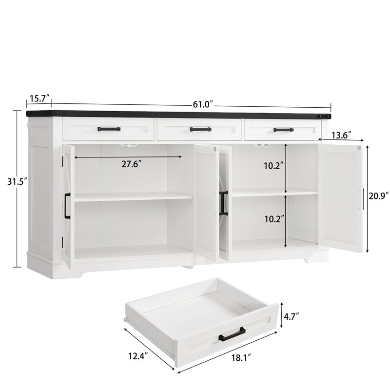 Buffets 61,02 po de style campagnard, grands buffets avec rangement et bar à vin pour le salon