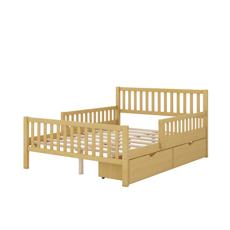 Lit plateforme avec deux tiroirs de rangement et garde-corps des deux côtés, cadre de lit en bois, aucun sommier nécessaire