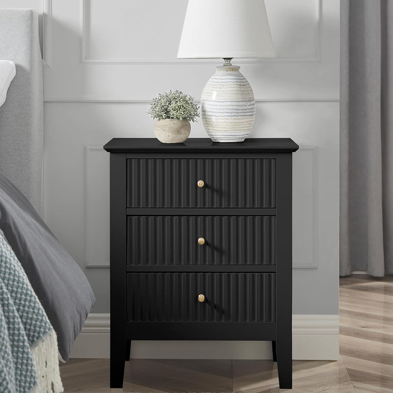  Table de chevet cannelée noire 19 po, table de chevet 3 tiroirs, table de bout de lit pour petit salon, armoire de rangement moderne pour chambre à coucher
