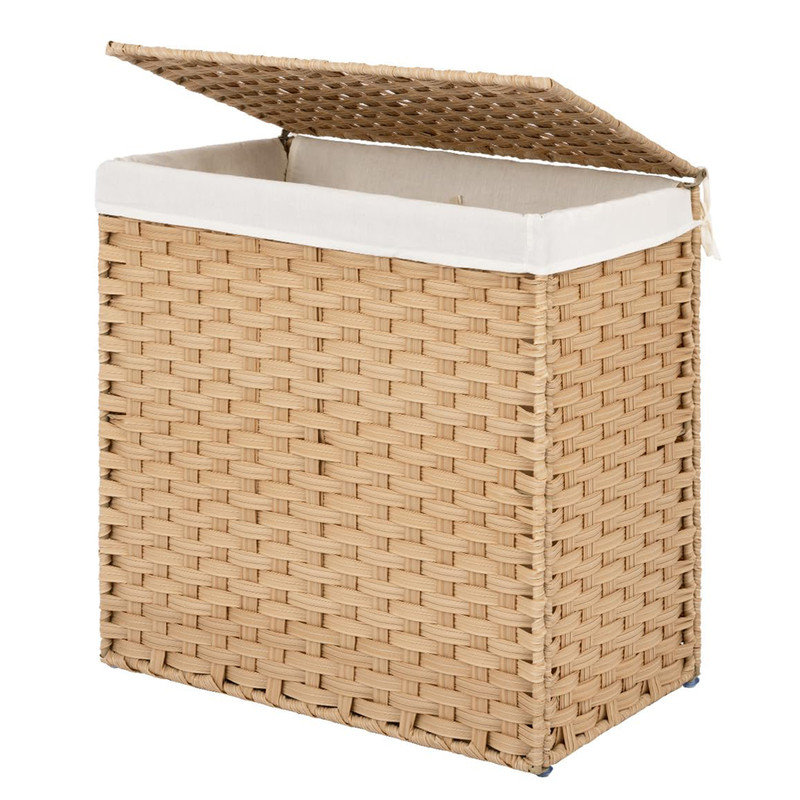 Handwoven Wicker Laundry Hamper with Lid,2 Section Wicker Laundry Basket for Dirty Clothes,with Washable Linen Liner,Large