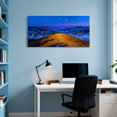 «Landscape & Nature Night Sky Mountain Village Landscape», reproduction d'art