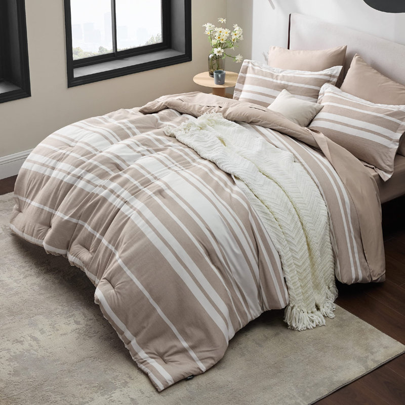 Bedsure Striped All Season Comforter Set, Mocha Meringue, Twin Comforter + 4 Additional Pieces