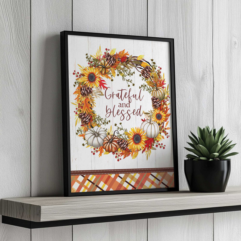 «Grateful and Blessed Wreath» par Elizabeth Tyndall, reproduction d'art, L 30 x H 40, Brun, Impression encadrée