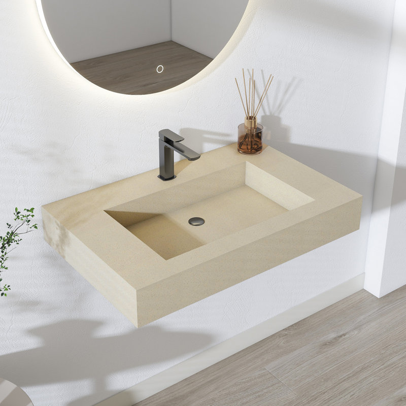 Lavabo de salle de bain mural 30 po à surface solide avec trou de robinet beige