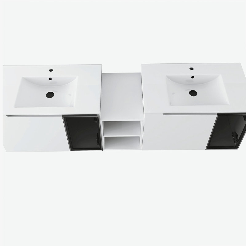 72" Wall-Mounted Bathroom Vanity With Ceramic Sink, Soft Close Doors,Glossy White Vanity & Grey Glass 1/2 Door, 1xSmall Storage Shelf ,Combination Cabinet,Plywood (KD-Packing)