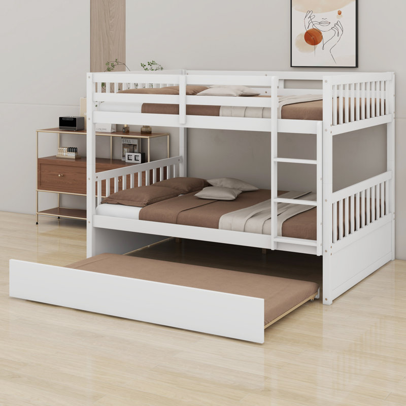 Lit superposé multifonctionnel en bois avec lit gigogne, échelle, garde-corps et conception convertible, Blanc