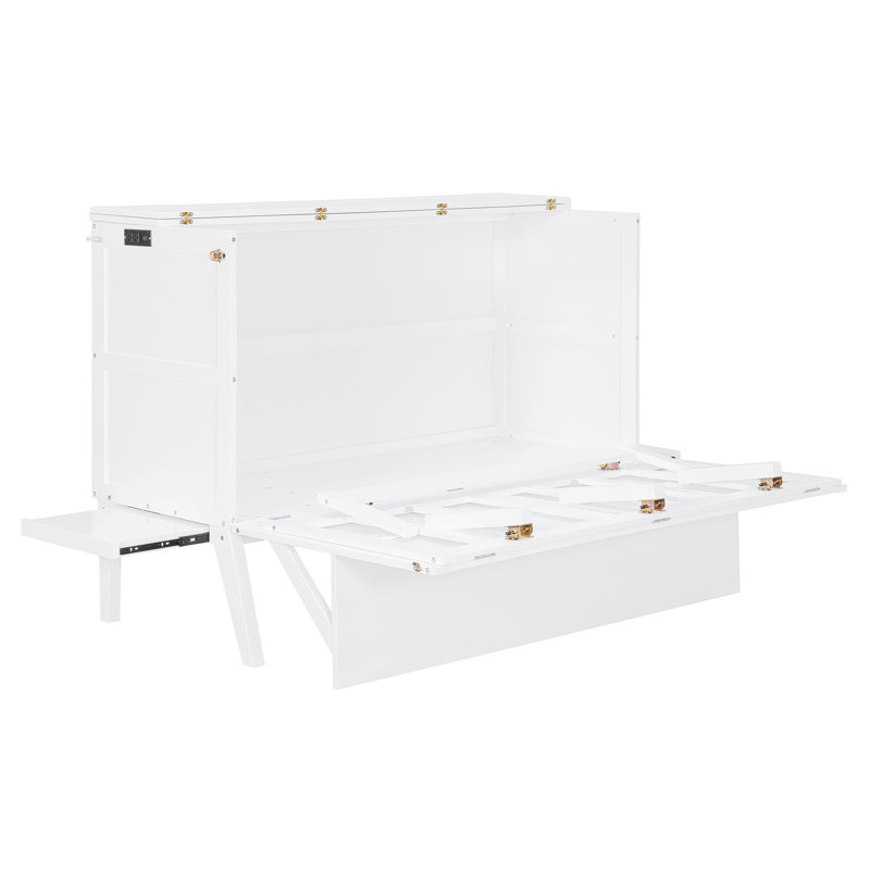 Grand lit escamotable avec ports USB et tablettes latérales amovibles, lit mural peu encombrant, blanc, Blanc