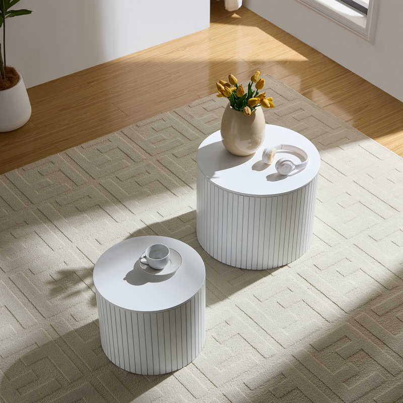 Nested Table Set 2 Pieces, MDF Coffee Table Set Living Room/Lounge Area, White, White