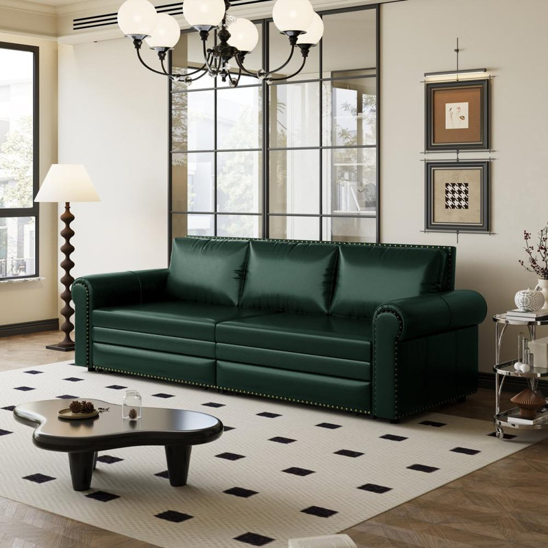 3-in-1 Convertible Sofa Bed with Nailhead Trim and Rolled Arms, 93.7" Trundle Sofa Bed, Chesterfield Sofa, Green Faux Leather