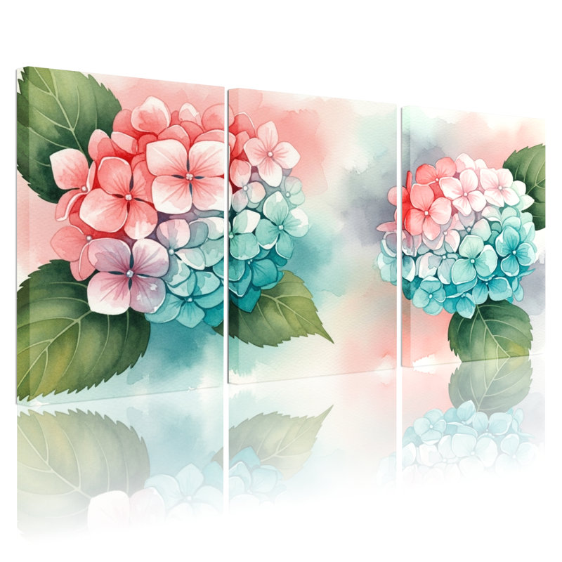 «Hydrangea», impression sur toile tendue à l'aquarelle sur toile, ensemble de 3, H 18 po x l 36 po
