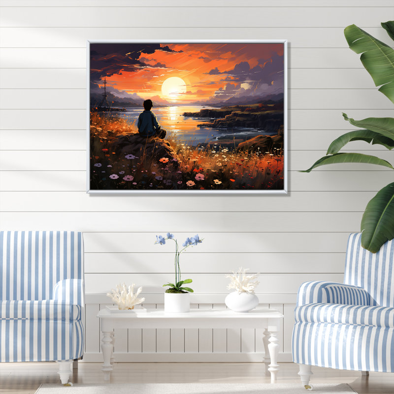 «Sunrise Kid Solutide», art mural «Coastal Sunset», Cadre flottant blanc, H 12 po x l 20 po x P 1 po