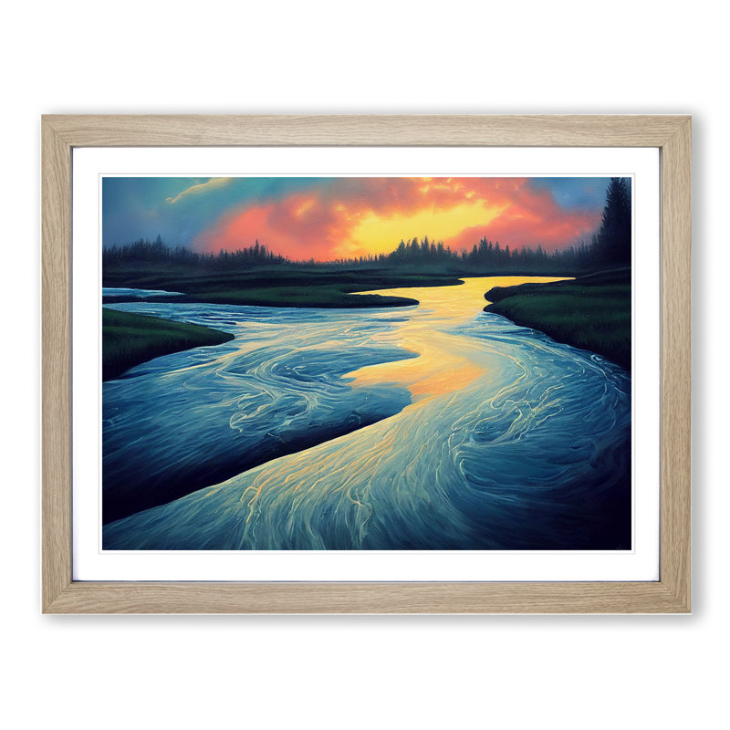 Forest River At Sunrise Framed Print, 25cm H x 34cm W x 2cm D, Oak