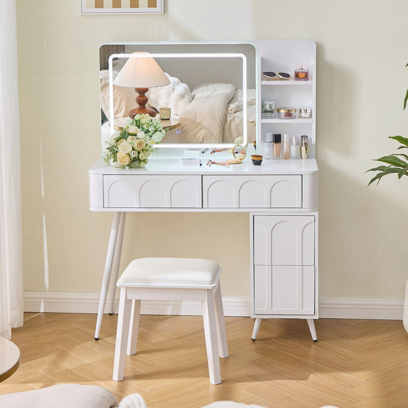 Makeup Vanity Desk with LED Lights, Mirror, and 4 Drawer Dressing Table Set with Stool for Modern Bedrooms, White