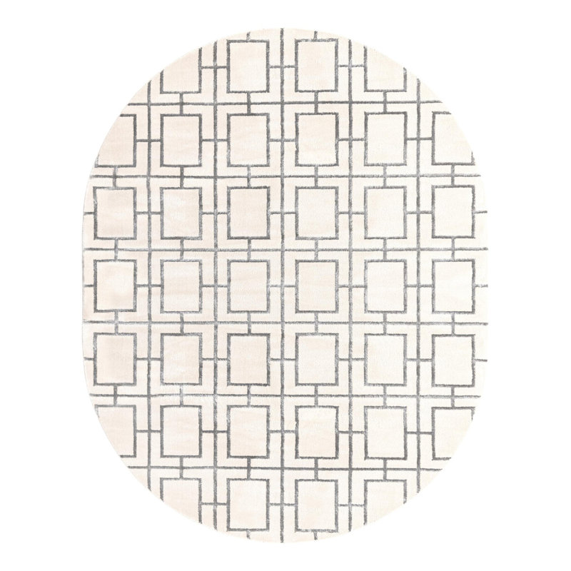 Glam Geometric White Silver Area Rug, Oval 7'10" x 10'