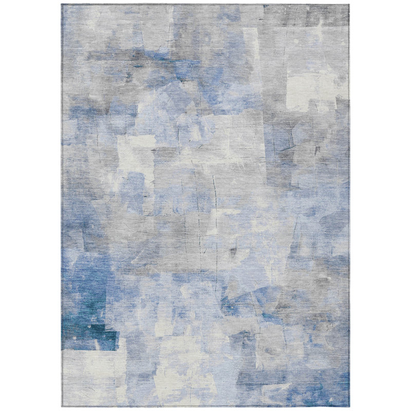 Tapis extérieur lavable abstrait bleu, gris et ivoire 8 pi x 10 pi
