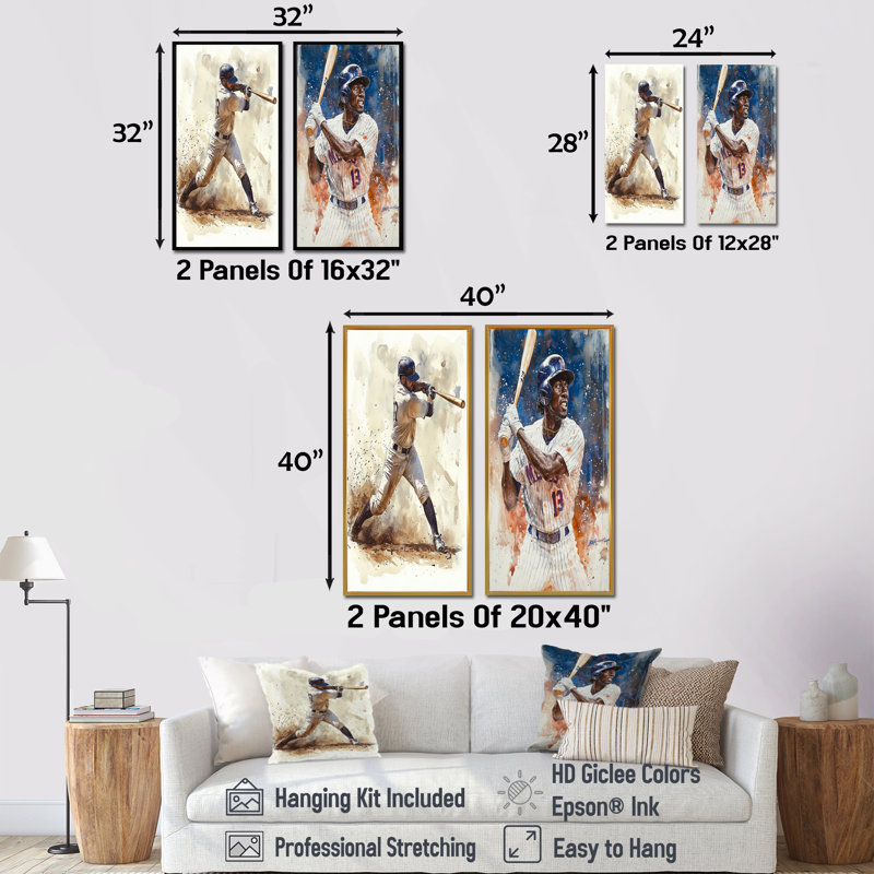 Joueur de baseball blanc sur le terrain I - ensemble d'art mural de baseball sport 2 pièces, H 32 po x l 32 po, Argent argent
