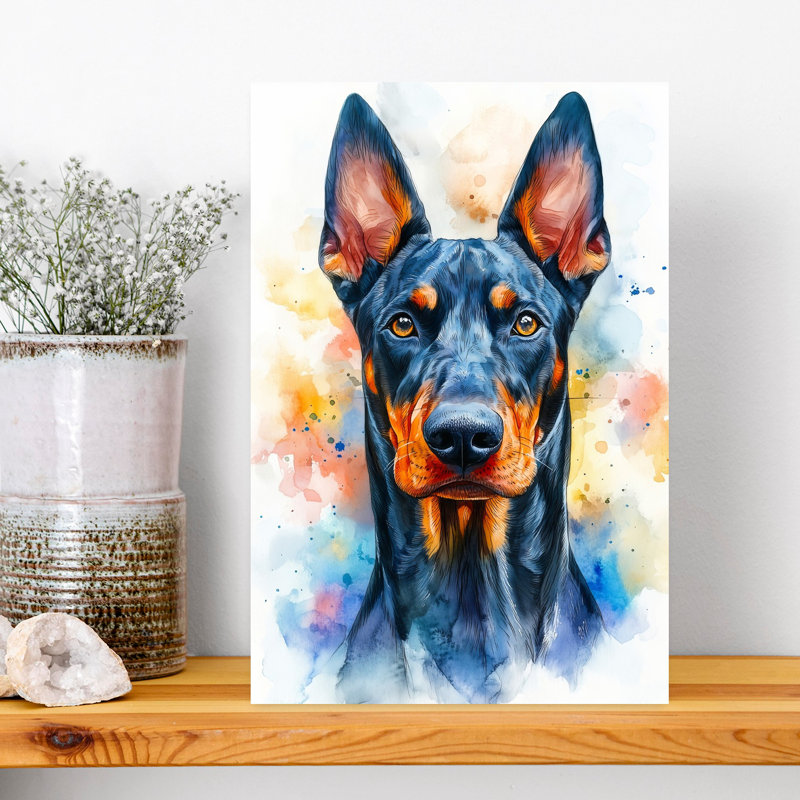 Fier Doberman, aquarelle, abstrait, coloré, vibrant, portrait, art mural, 18" H x 12" W