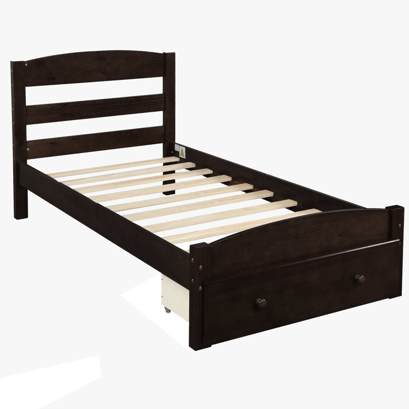Structure de lit simple, 10 lattes de bois pour un support de matelas fiable, tiroir de rangement avec cadre de manipulation facile, circulation d'air et longévité, literie