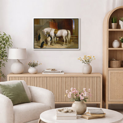 White Horse and Dogs Artwork, Rustic Entryway Pictures, Framed Canvas Giclee Print Wall Art.
