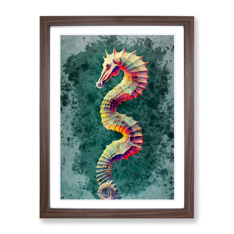 Watercolour Seahorse - Single Picture Frame Painting, 64cm H x 46cm W x 2cm D, Walnut